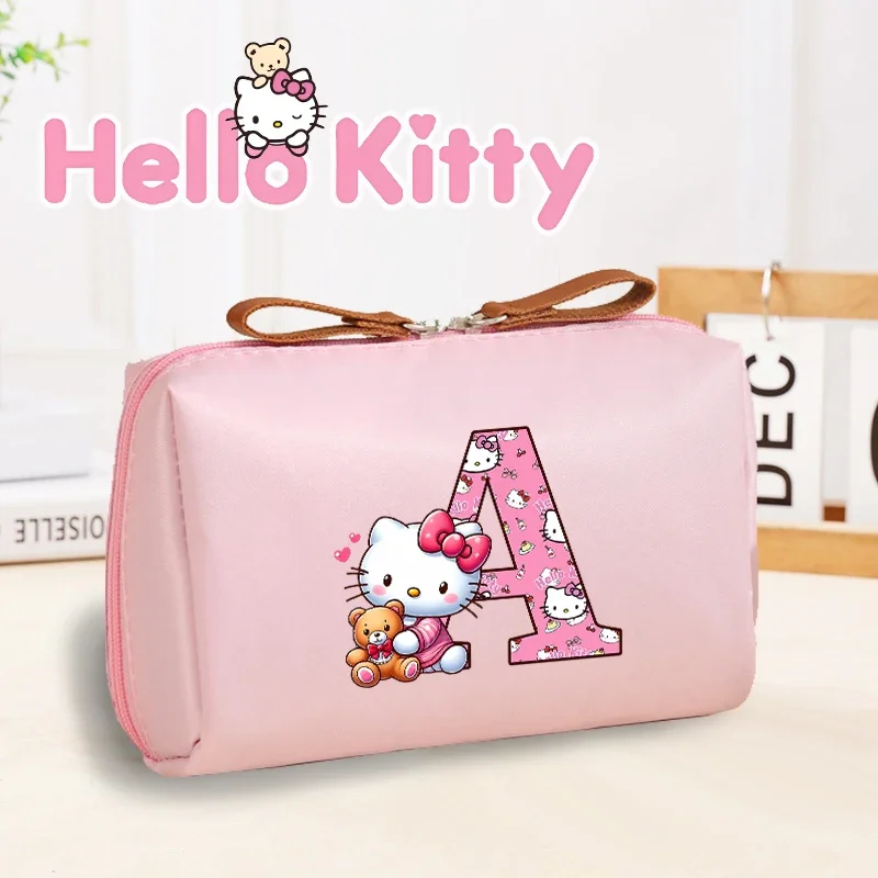 Sanrio Cosmetic Bag Hello Kitty Letter A-Z Printed Women Solid Color Makeup Bags Pouch Toiletry Waterproof Travel Zipper Handbag