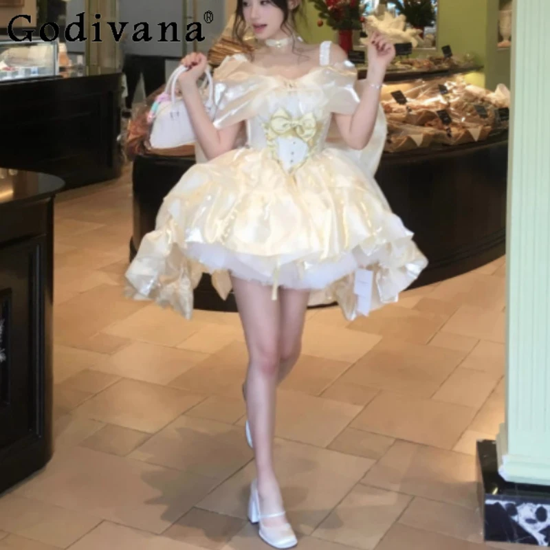 

Elegant Birthday Party Sweet Slash Neck Princess Dress Temperament Girl High Waist A-line Versatile Age Reduction Fairy Dresses