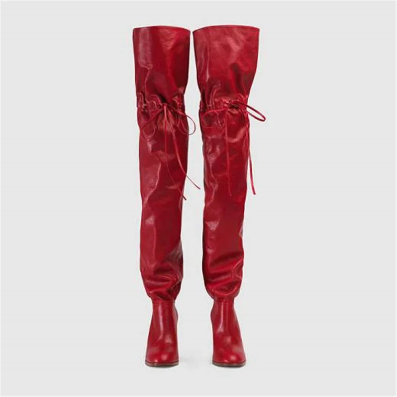 Autumn Winter Newest Slim Fit Red Leather Thigh High Boots Strap Long Spike High Heel Designer Plush Botines Shoes Woman 2023