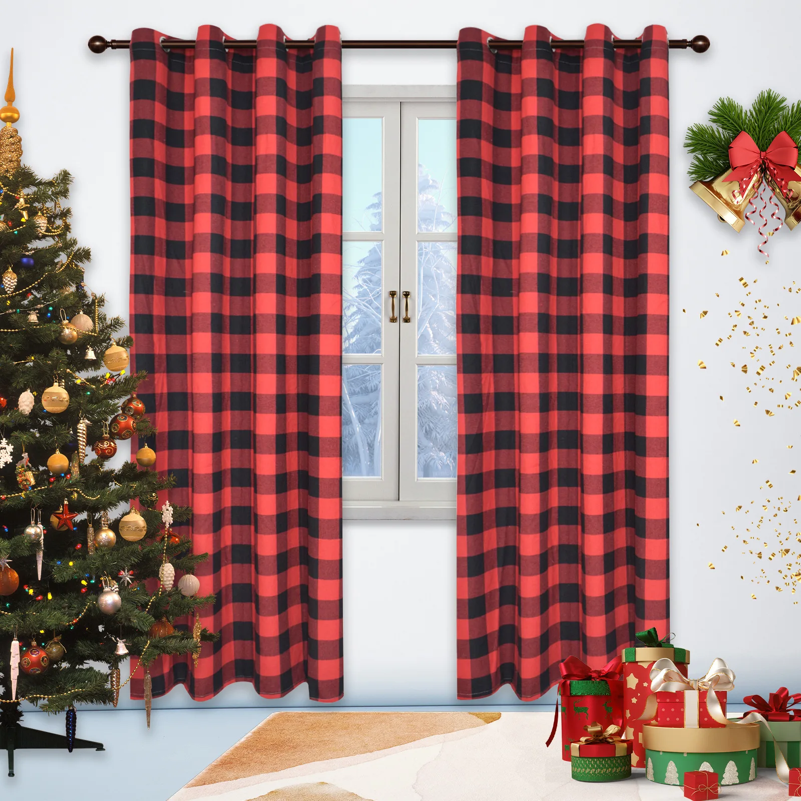 

European American Christmas Polyester Red Green Plaid Curtain for Holiday Decoration 1 PC