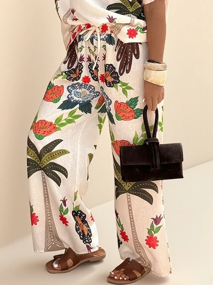 

Gymystars Printed Wide Leg Long Pants Woman Bohemian Trousers Casual Pocket High Waisted Elasticity Loose Vintage Pants Female