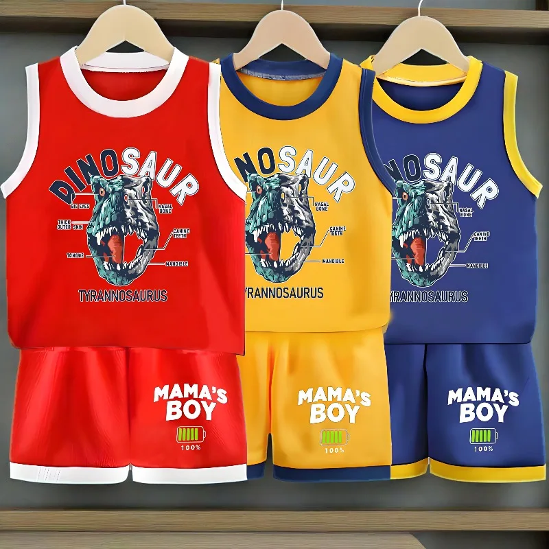 

Летние дышащие быстросохнущие комплекты баскетбольной одежды для мальчиков, детский жилет и шорты, костюм из двух предметов, детская одежда с принтом динозавра