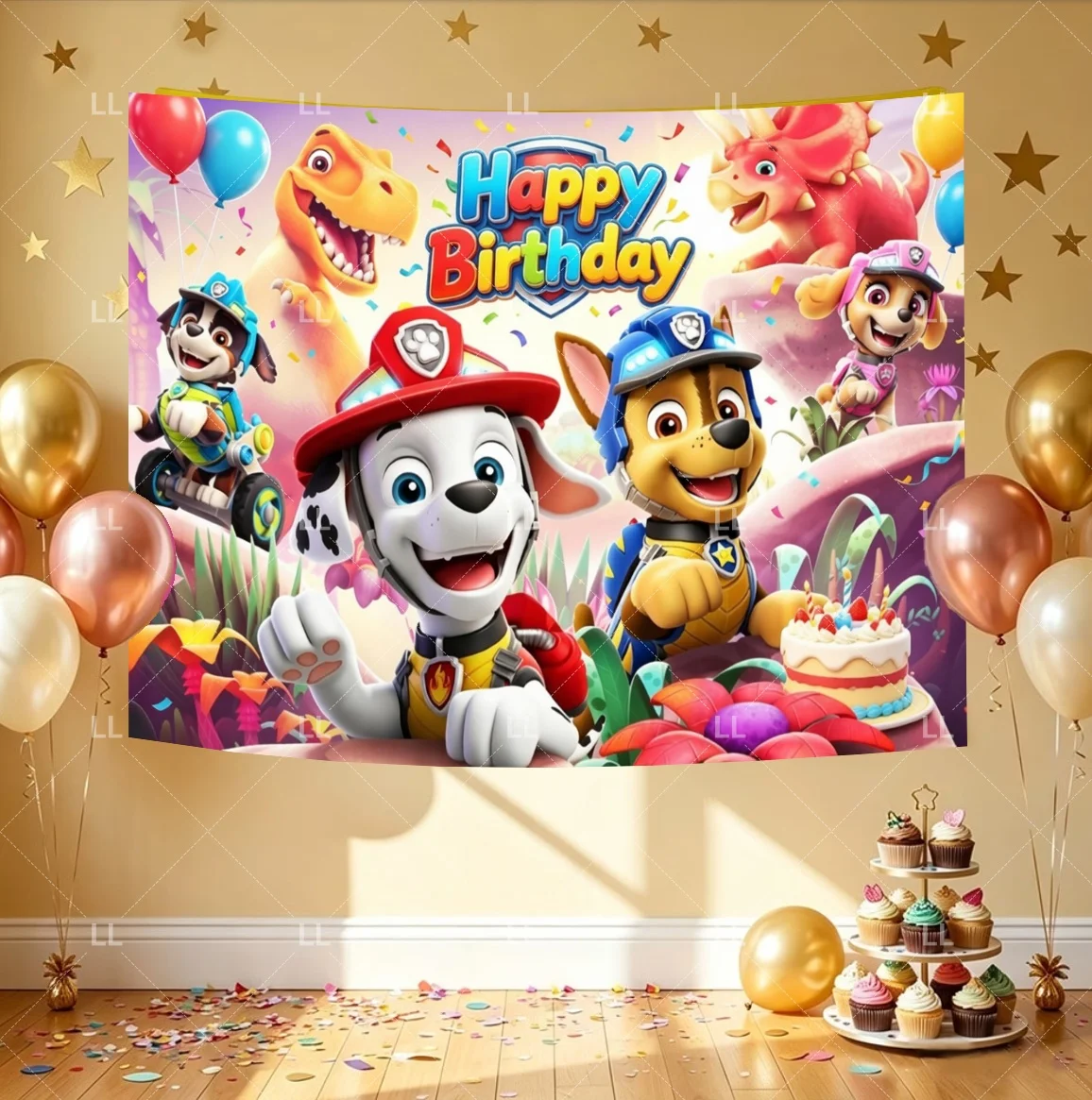 Paw Patrol Brave Dinosaur Island Theme Backdrop Child Birthday Party Decor Cute Puppy Dog Photography Background Kid Baby Shower view 4