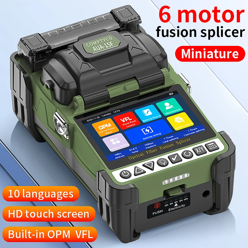 COMPTYCO AUA-15F/L-70C Mini Optical Fiber Fusion Splicer 6 Motors Touch Screen Fiber Optic Core Fusion Machine Built-in VFL OPM