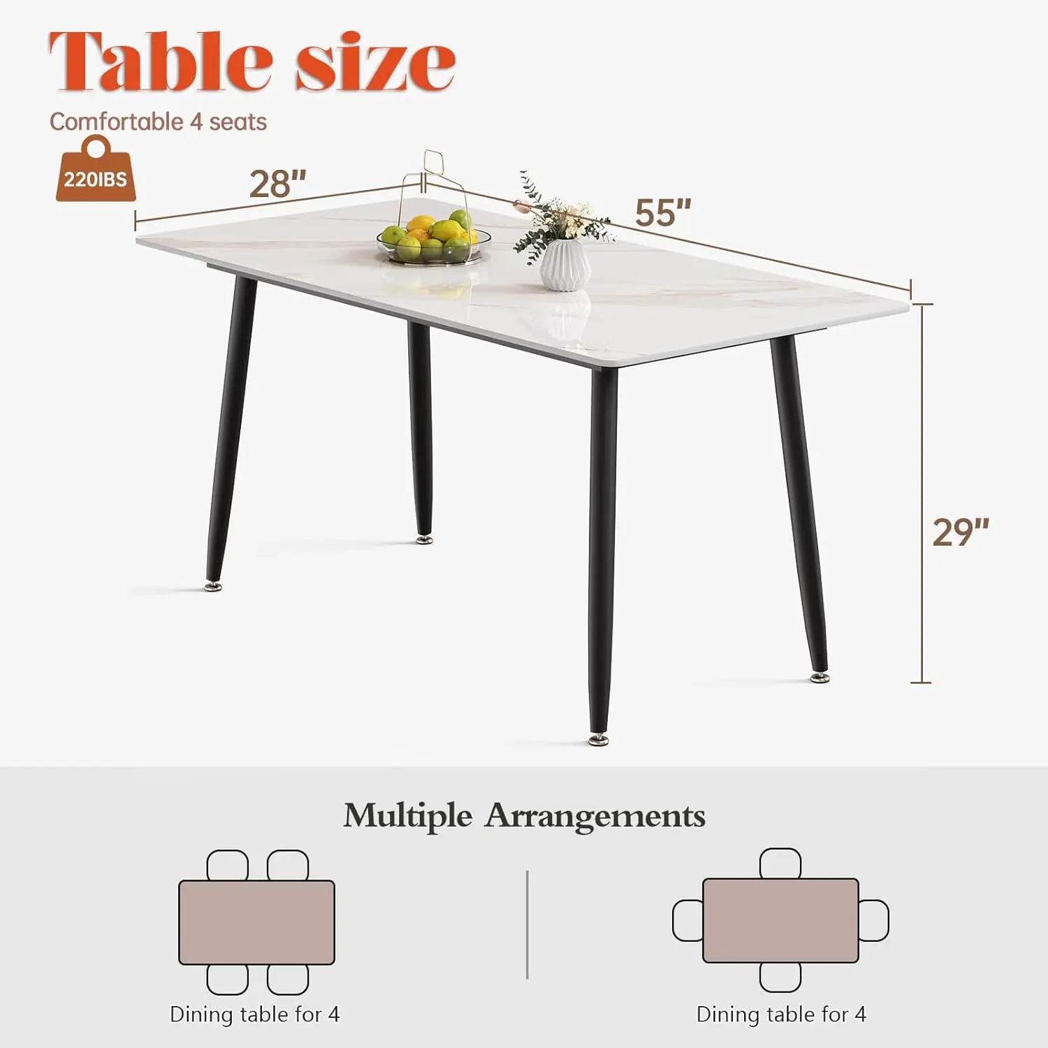 Table with Marble Sintered Stone Table Top and Metal Legs, White 55