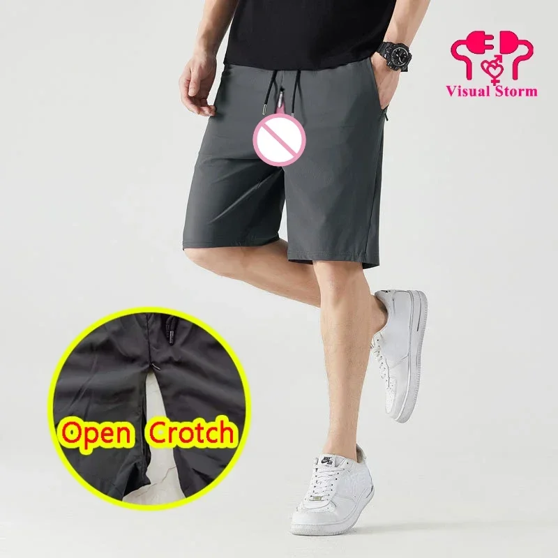 

Man Open Crotch Shorts with Invisable Zipper Pants Crotchless Breathable Pocket Ideal for Outdoor Sports Fitness Sex New Fashion