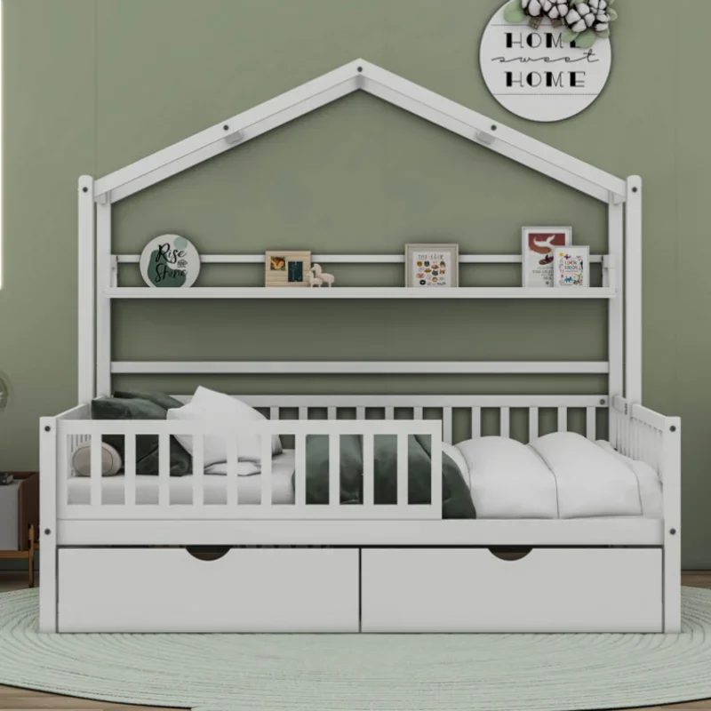 For Durable and Stable Slat House Bed Full Size Storage Space Wood Baby Crib Bedding Reasonable Prices House Frame Bed for Kids