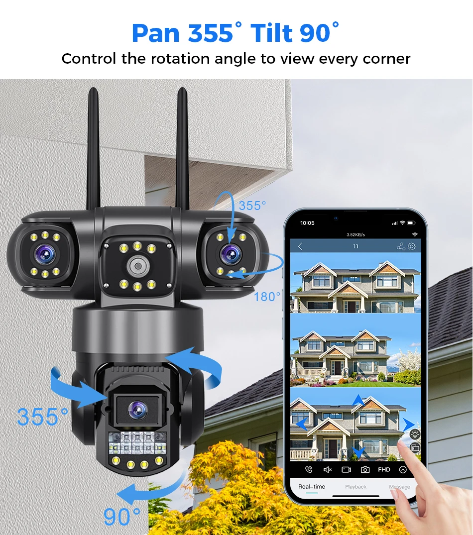 V380 PRO Three Lens Three Screen IP Camera Outdoor 4G Sim Card 6K 12MP Video Monitor Color Night Vision Security Protection Cam