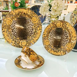 Golden Edge Luxury Tableware Set, Western Dinner Plate, Steak Flat Tray, Bone China Dinnerware Set, Coffee Cup, 10 