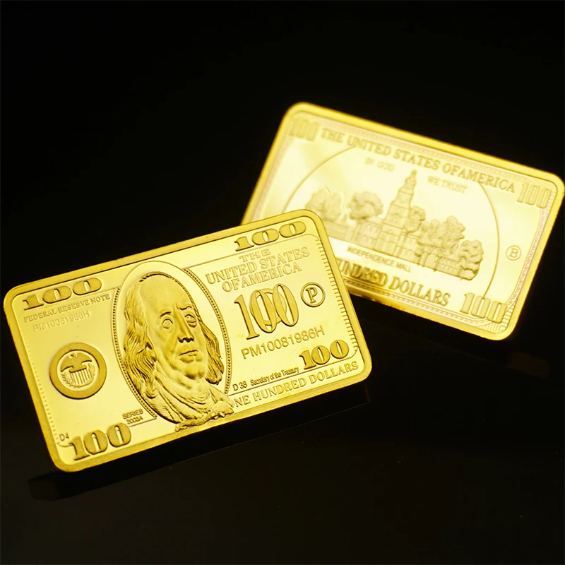 1pcs USA 100 Dollar Bullion 24k Gold Bar American Metal Coin Golden Bars USD With Gif