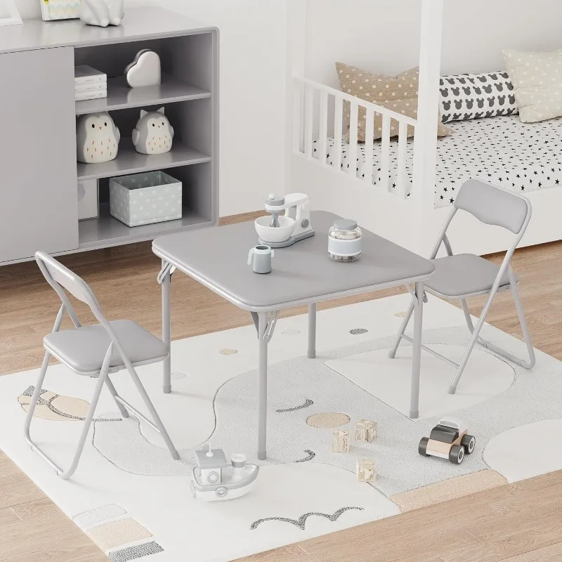 

Boys and Girls Folding Table and Chairs Set of 3, Portable Table and Chair with Pu Soft Cushion,Suitable for Eating