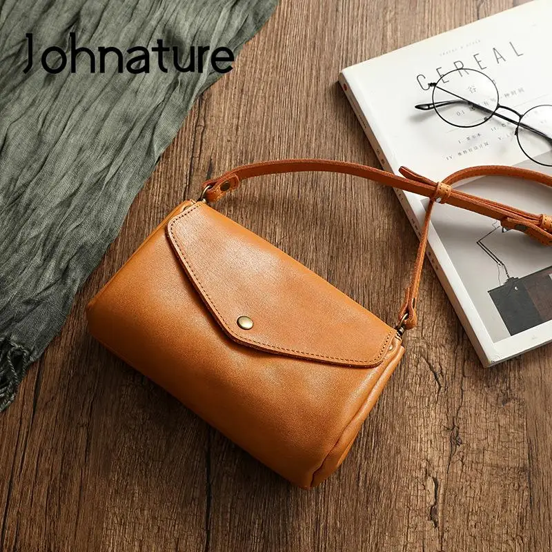 Johnature Genuine Leather Simple Small Crossbody Bags For Women Vintage Versatile Solid Color Natural Soft Cowhide Shoulder Bag