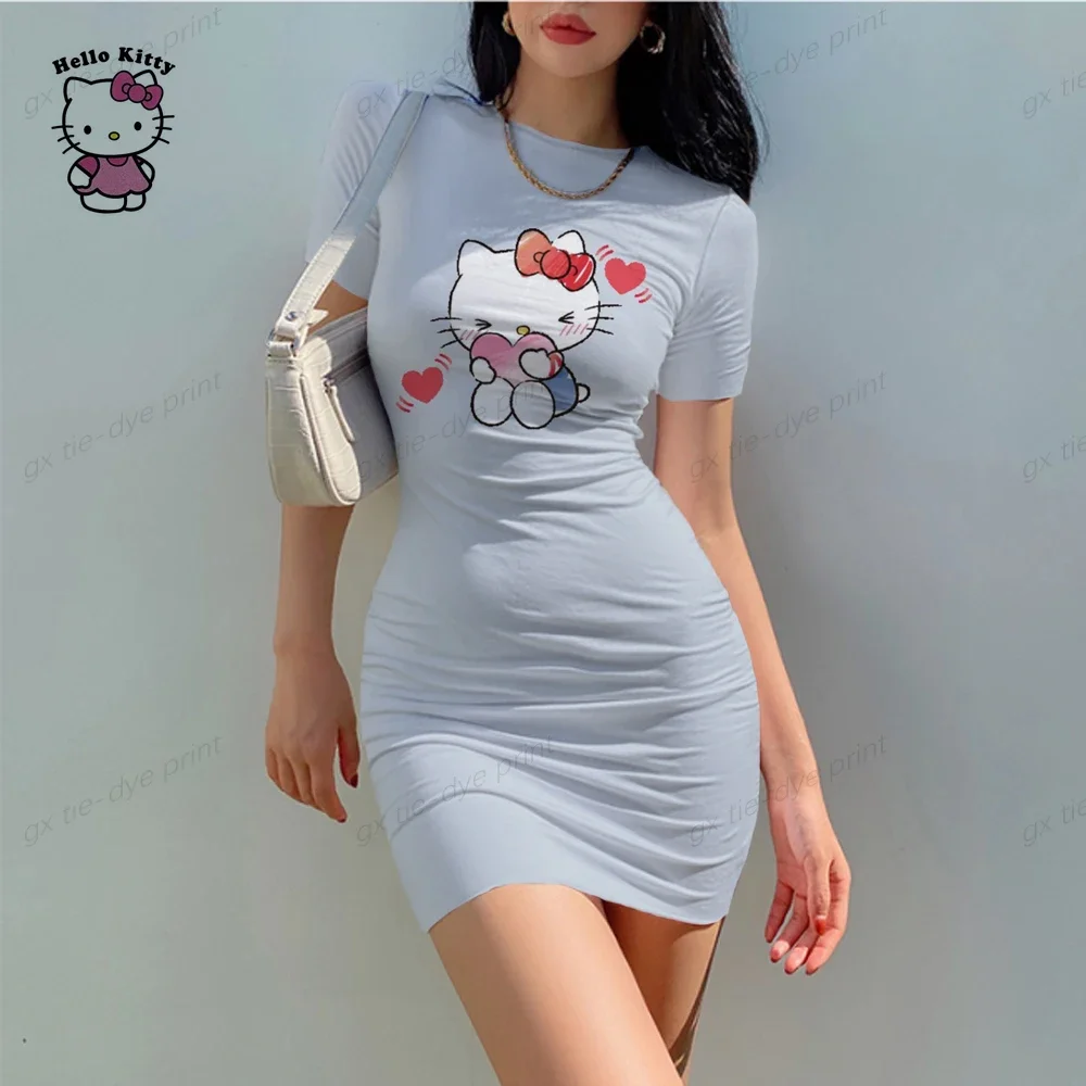 Vestido de desenho animado Hello Kitty Bodycon para mulheres, manga curta, streetwear Y2K, vestido de praia casual, festa e clube, novo, venda quente, verão, 2024