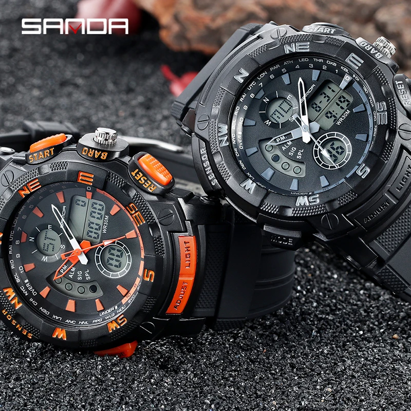 SANDA Mens Watches Multifunctional Dual Display Watch Sports Chronograph Automatic Calendar HD LED Luminous Waterproof Reloj 775