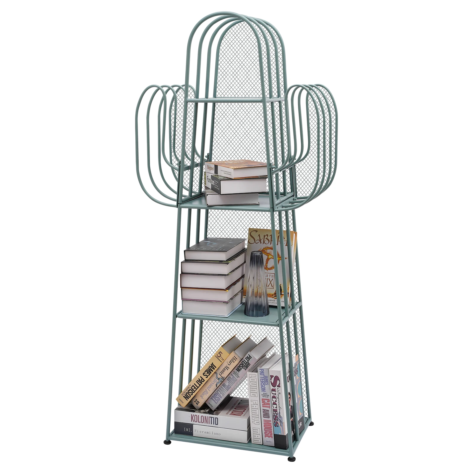 4-Tier Freestanding Ladder Bookshelf Iron Cactus Bookcase Storage Organizer Green Ladder Corner Bookcase for Living Room Bedroom