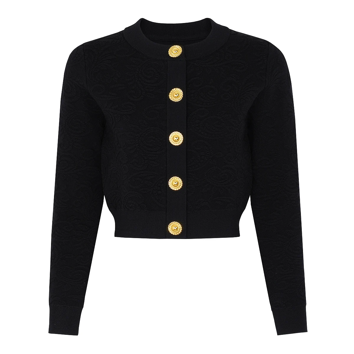 

High Quality Spring And Autumn New Fashion Embossed Embroidery Gold Buckle Knitted Women's Long Sleeved Top Cardigan Jacket