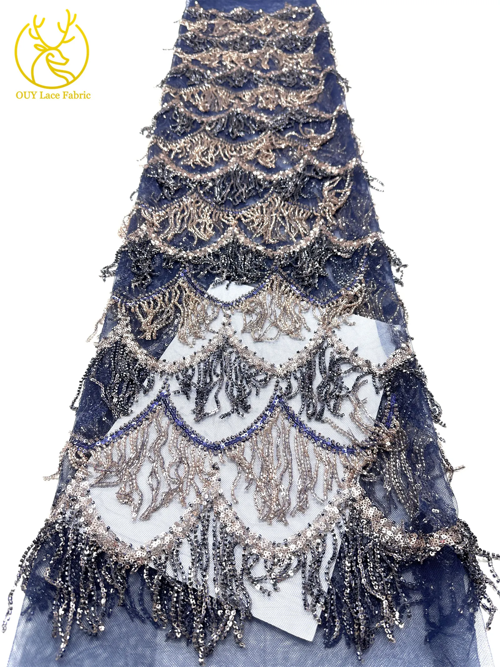 Hochwertiger nigerianischer 3D-Hängeperlen-Spitzenstoff, 5 Yards, hochwertiger französischer afrikanischer Pailletten-Spitzenstoff für Mädchen-Abendpartys – Detail 29