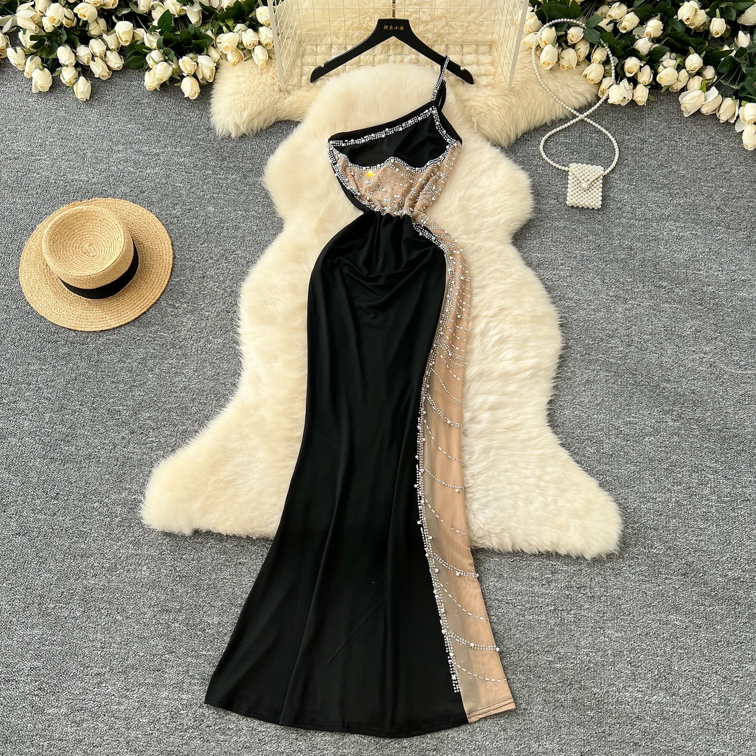 Vintage Sleeveless Elegant Embroidered Bead Chic Rhinestone Mesh Spliced Strap Dresses High Street Evening Party Women Clothing