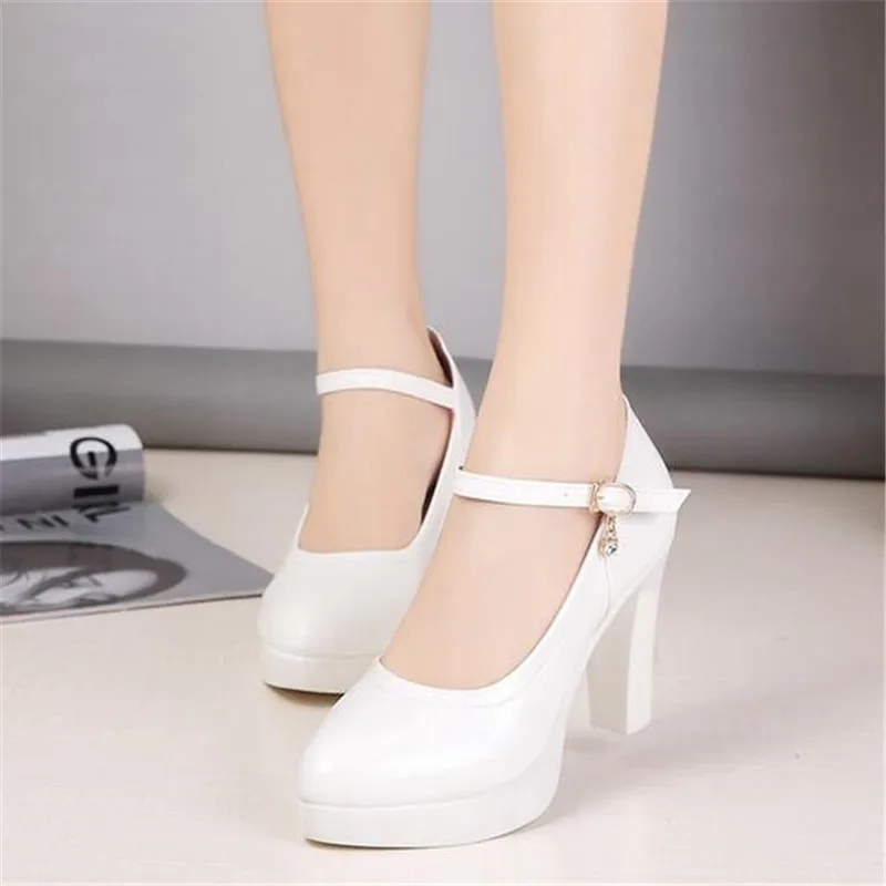 high heels platform pumps women 2023 spring new fashion buckle solid black shoes woman PU leather waterproof shoes femme