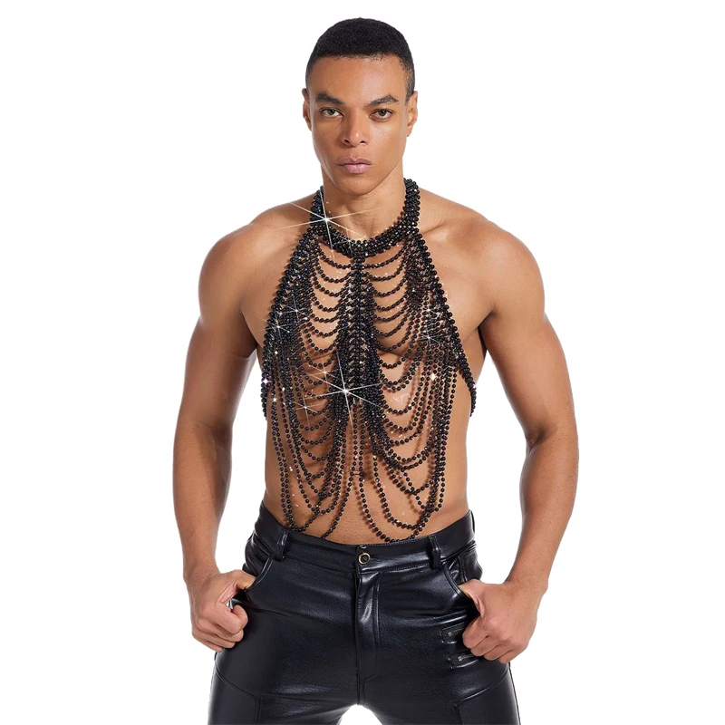 Unisex Halter Y2K Crop Top Perlen-Mehrschichtige Körperkette Sexy Kleidung für Männer Halskette Halloween Party Festival Vintage Übergroß – Detail 1
