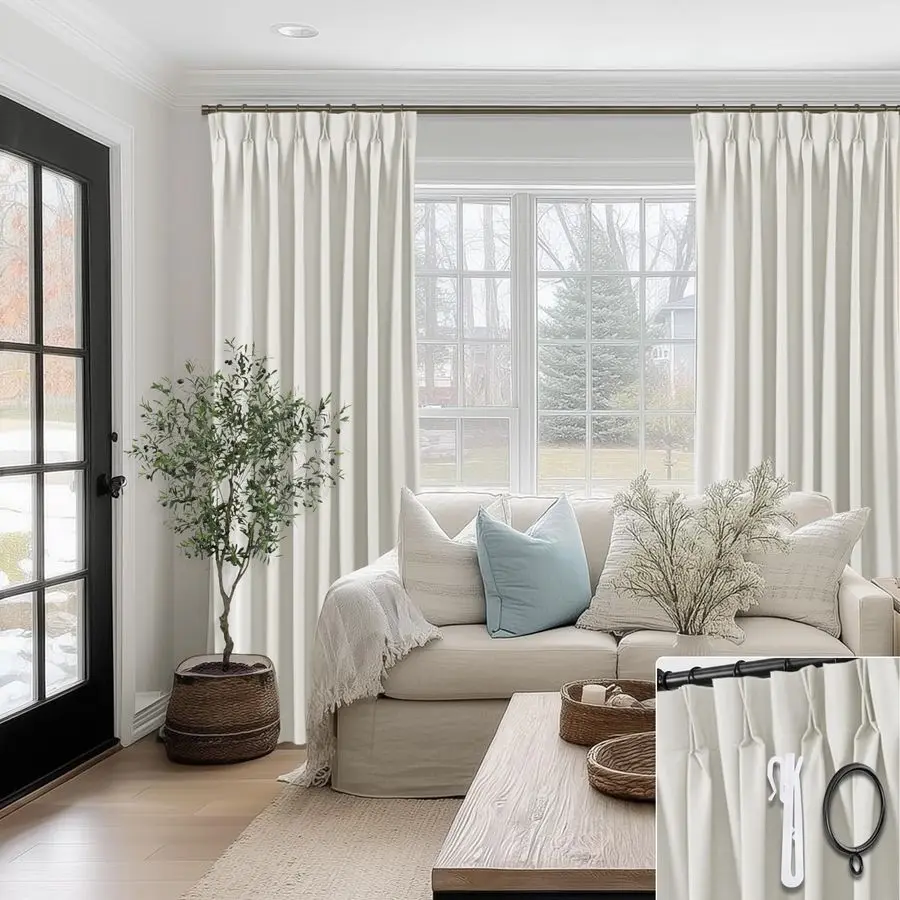 

100 Inch Curtains Long,Blackout Linen Pinch Pleated Drapes for Living Room Bedroom 2 Panels Set,Cream