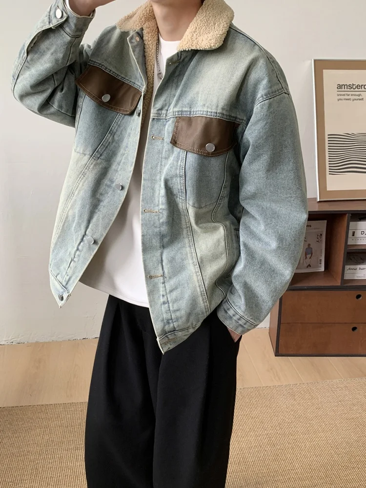 

Мужская джинсовая куртка в стиле ретро из американского бархата, зимняя утепленная куртка с флисовым воротником, рабочая одежда, хлопковая одежда с длинными рукавами