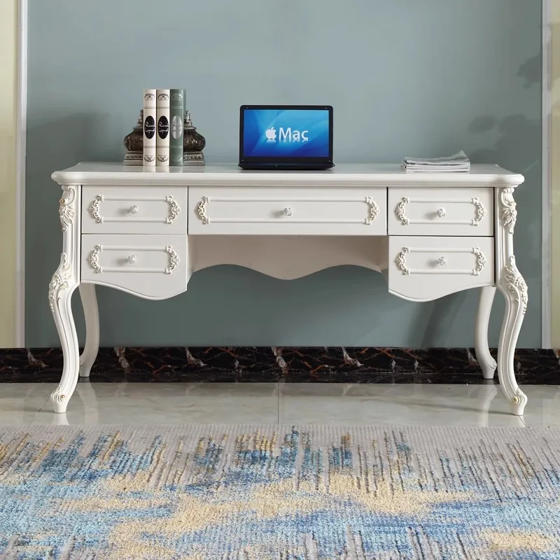 European style luxury solid wood desk with drawer computer desk writing ivory white table for bedroom furniture