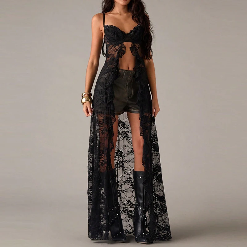 

Fashion Lady Beach Vacation Outfit Sexy Hot Girl Lace Hollow Out Halter Cover-up Summer Backless Solid Embroidery Sunscreen Tops