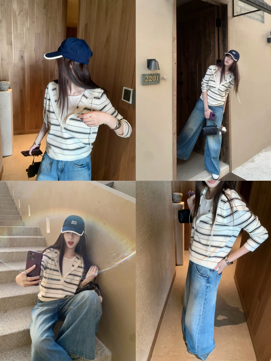 

Korean Sle Striped Hooded Knitted Long Sve Women's Top Fake Two-Piece Spring 2026 New Arrival Lacey Color Blo