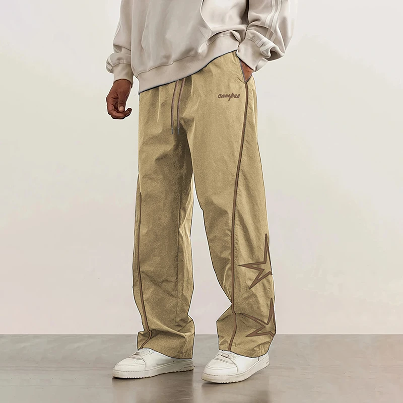 อเมริกัน Casual Baggy กางเกงผู้ชายกางเกง Cargo High Street Drawstring Workwear อินเทรนด์หลวมอเนกประสงค์ตรงกางเกงขากว้าง