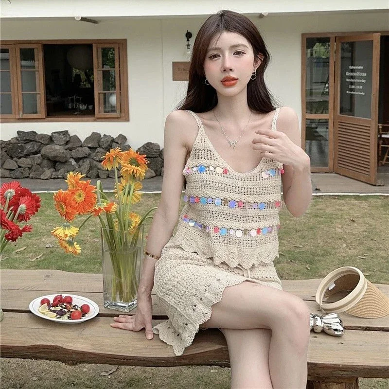 Bohemian Style Women Dress Sets Holiday Hollow Out Sleeveless Summer Harajuku Breathable Prevalent Vitality American Drawstring