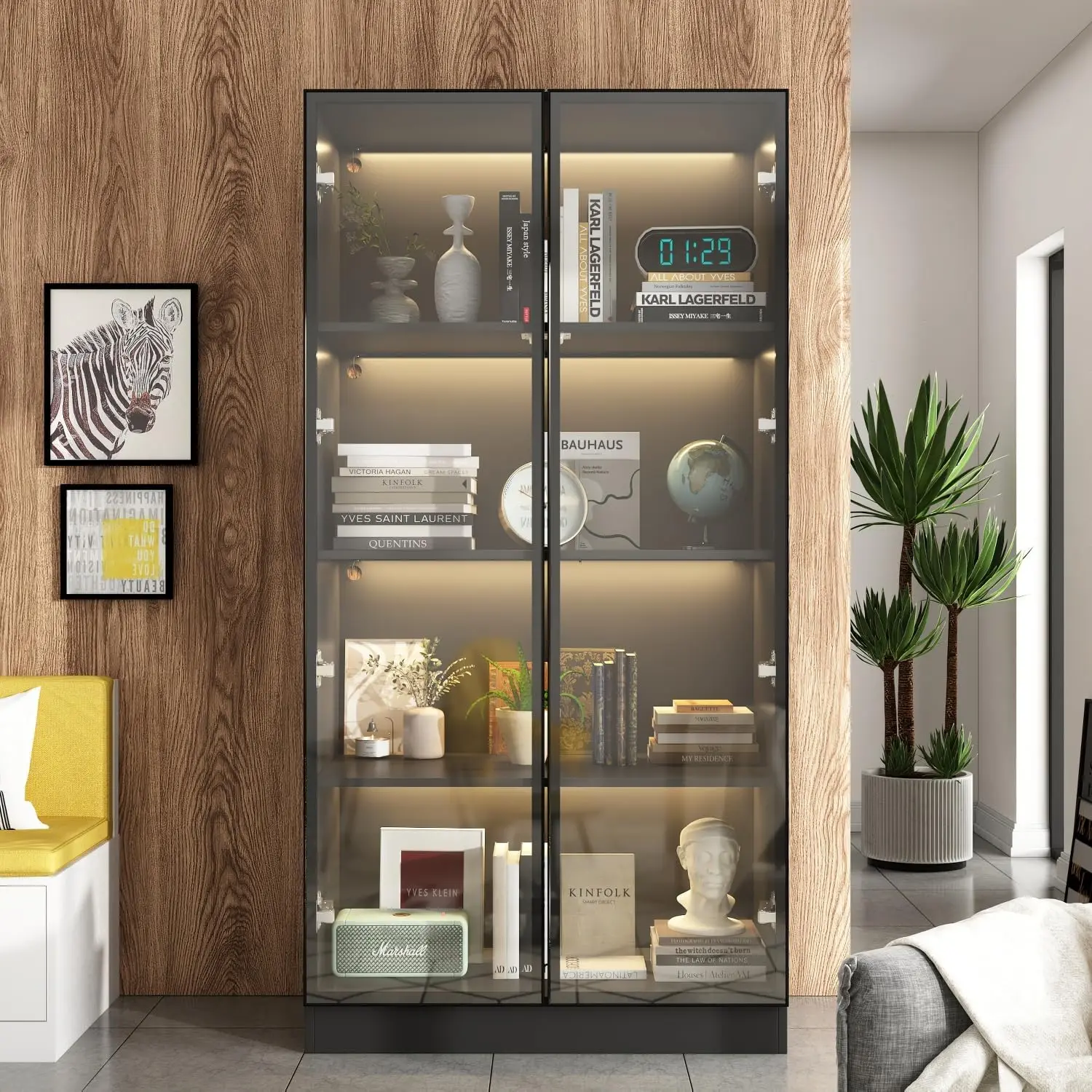 Glass Bookcase Display Cabinet with Lights, 4 Tier Shelves & 2 Glass Doors, Modern Bookshelf Organizer Glass Cabinet