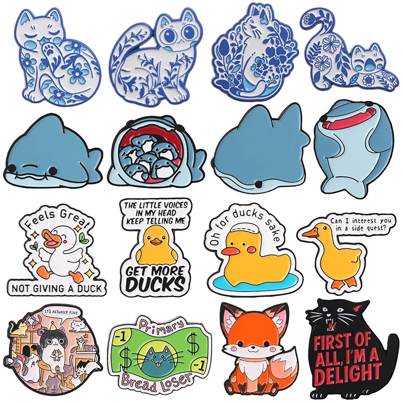 Cute Animal Badge Cartoon Blue White Cat Shark Enamel Pin Duck Puns Black Kitten Money Fox Brooch Bag Clothes Accessories