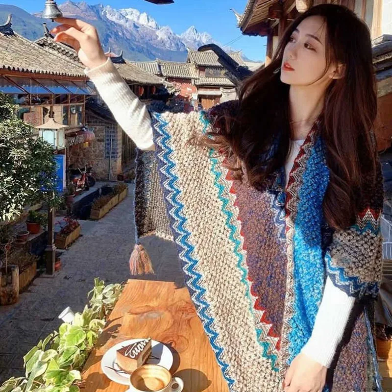 2022ผู้หญิงฤดูหนาวถัก Poncho Shawl Bohe Style Warm Cardigan Capes เรขาคณิต Fringed ผ้าคลุมไหล่ Mohair ขนสัตว์ Pashmina ผ้าพันคอ