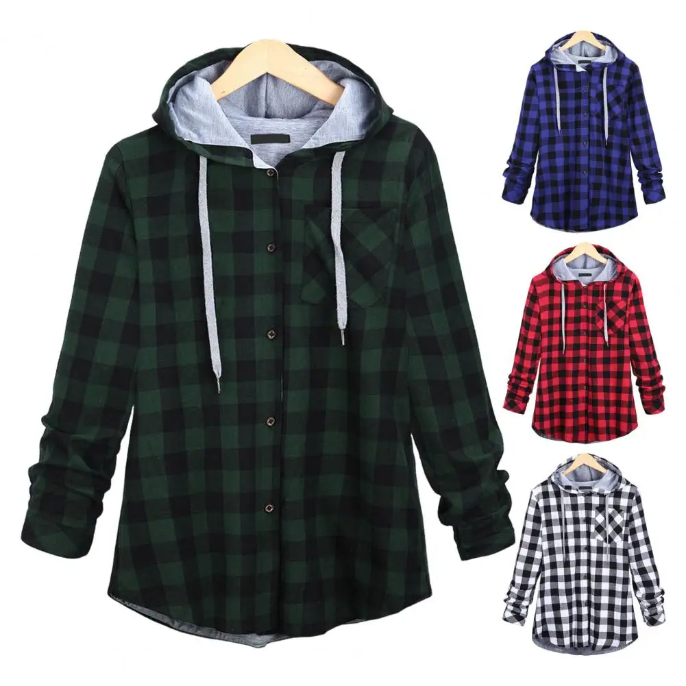 Plaid Printed Jacket Stylish Plaid Print Hooded Coat For Women Drawstring Cardigan With Chest Pocket Long Sleeve For Autumn