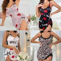 Heart Letter Floral Slip Nightdress Lace Trim Deep V Side Split Sleep Dress Soft Breathable Fabric For Women Night Gown - Image 2