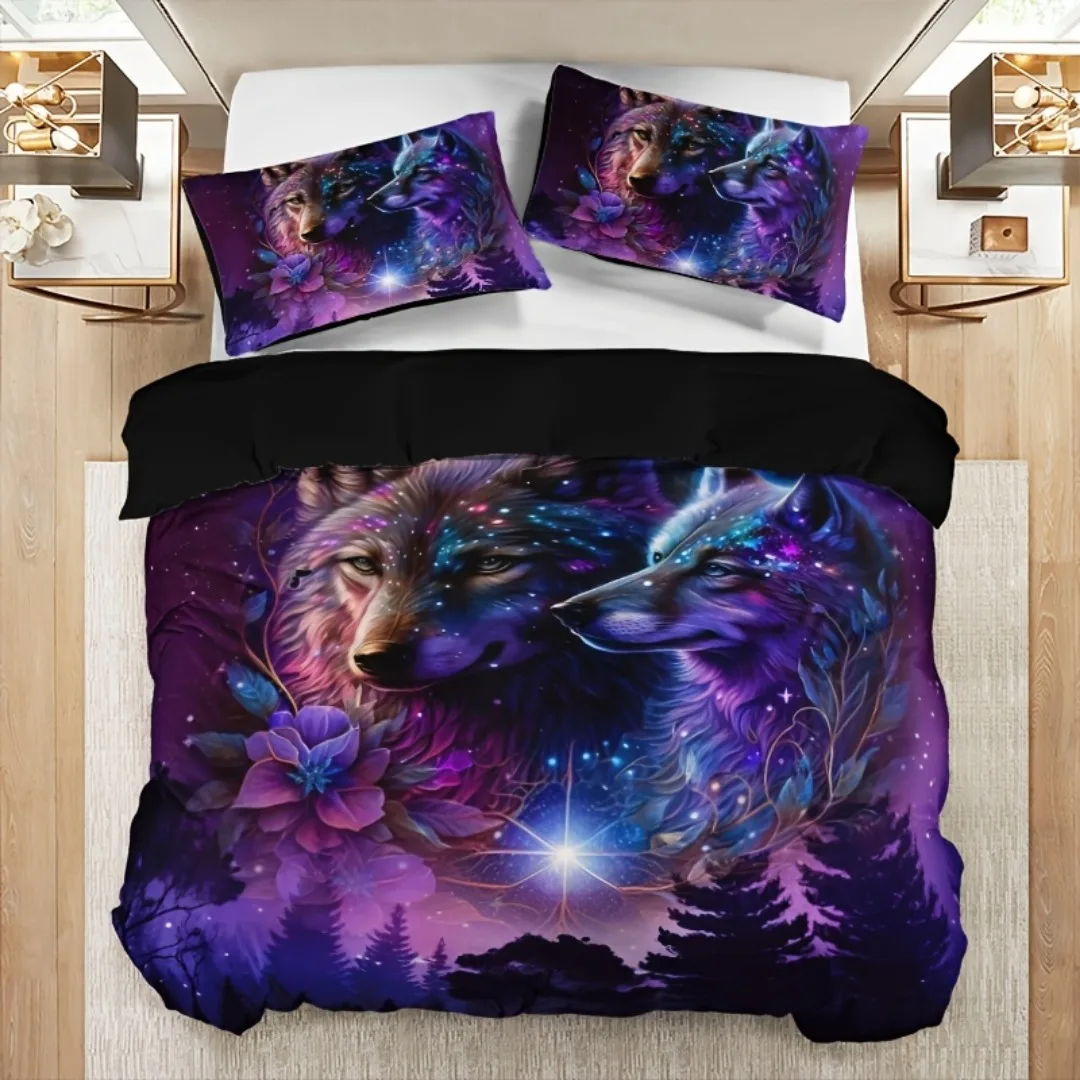 3pcs Purple Forest Wolf Bedding Set 3D Print Luxury Soft Duvet Cover King Queen Twin Single Size Birthday Gift Bedroom Decora