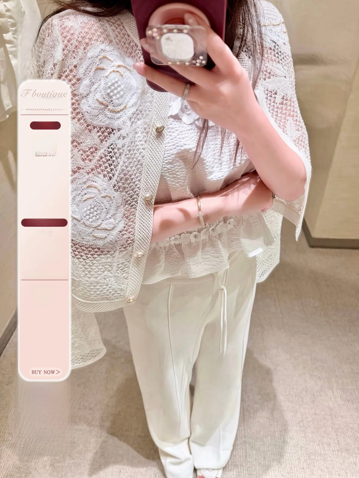 

F Boutique Tea Rose 26C Knitted Lace Hollow out round Neck Open Cardigan Soft Linen Light Luxury Style Loose Fit Long Sleeve