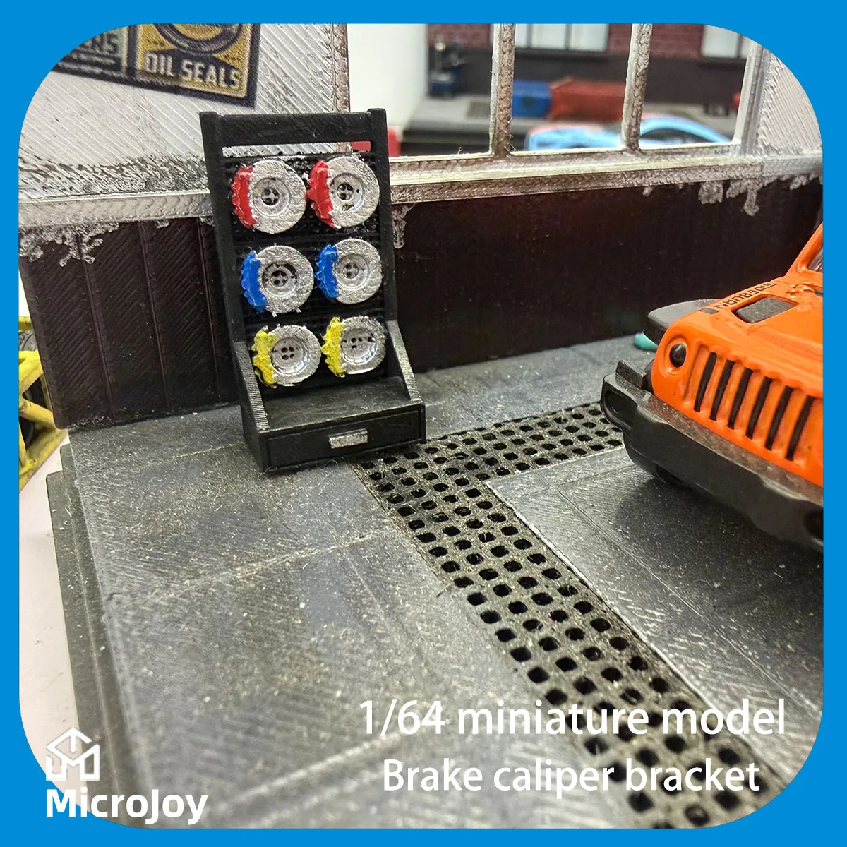 Detailed Scene: 1:64 Scale Miniature Model Repair Workshop, Brake Disc Rack, Mini Container Display, Car Model Scene with Vintage Layout