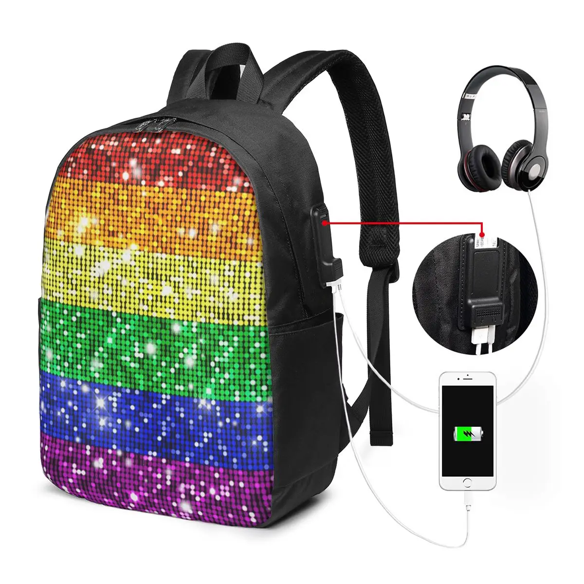 

Faux Glitter Rainbow Pride Flag Travel Notebook Bag Computer College Student School Bag Laptop Shoulder Bags for Men Women