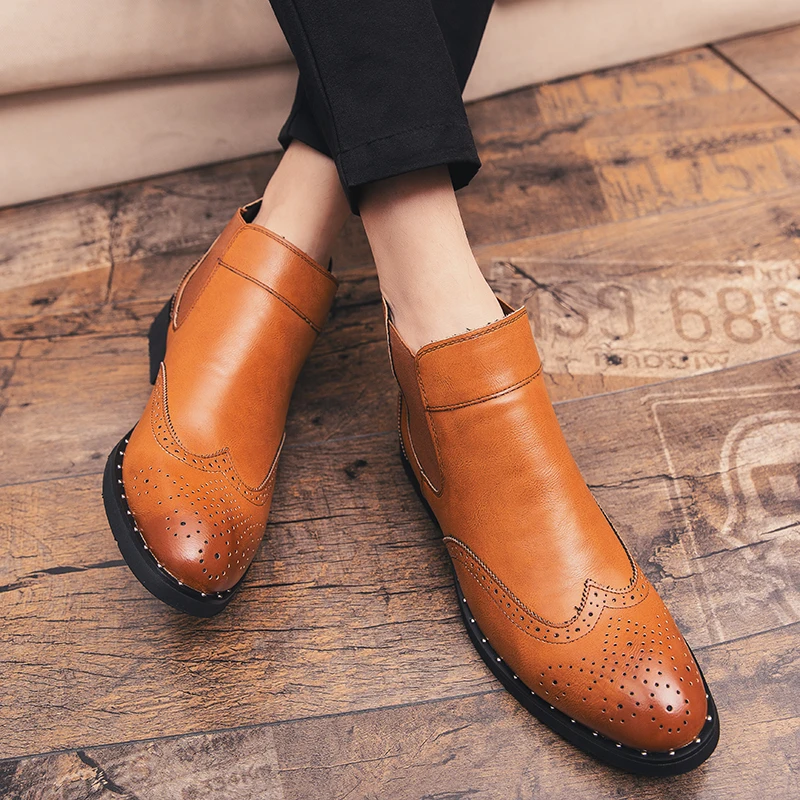 Men High Top Boots PU Low Heel Block Carved Chelsea Boots