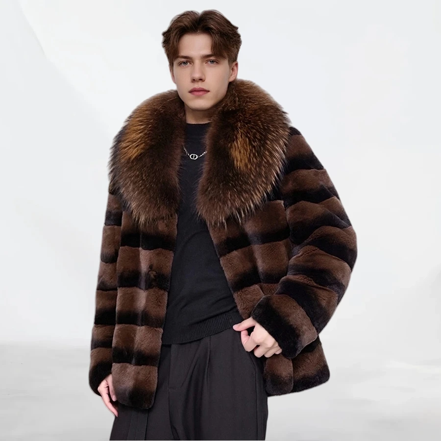 

Real Rex Rabbit Fur Coat With Raccoon Fur Collar Natural Raccoon Fur Jacket Furry Jacket Fashion Men's Winter Fur Jacket