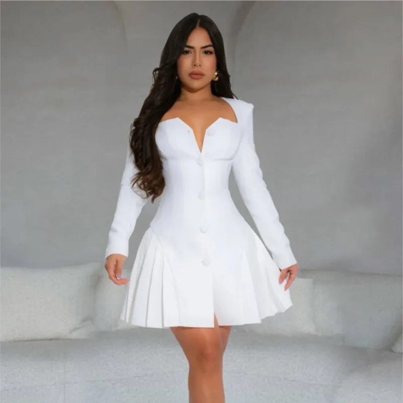 Mini abiti da donna a maniche lunghe con volant sull'orlo Elegante festa di compleanno Prom Vita avvolgente A-Line 2025 Primavera Autunno Office Lady Vestidos