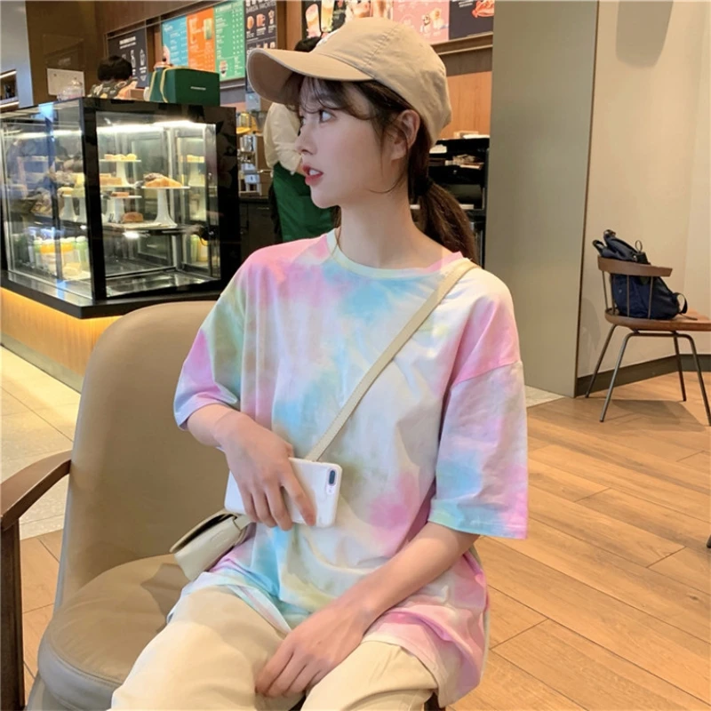 Tie Dye Summer T-Shirt Cotton Colorful INS Fashion Short Sleeve Tshirt For Women High Streetwear Y2K Crop Tops Casual Loose Tees
