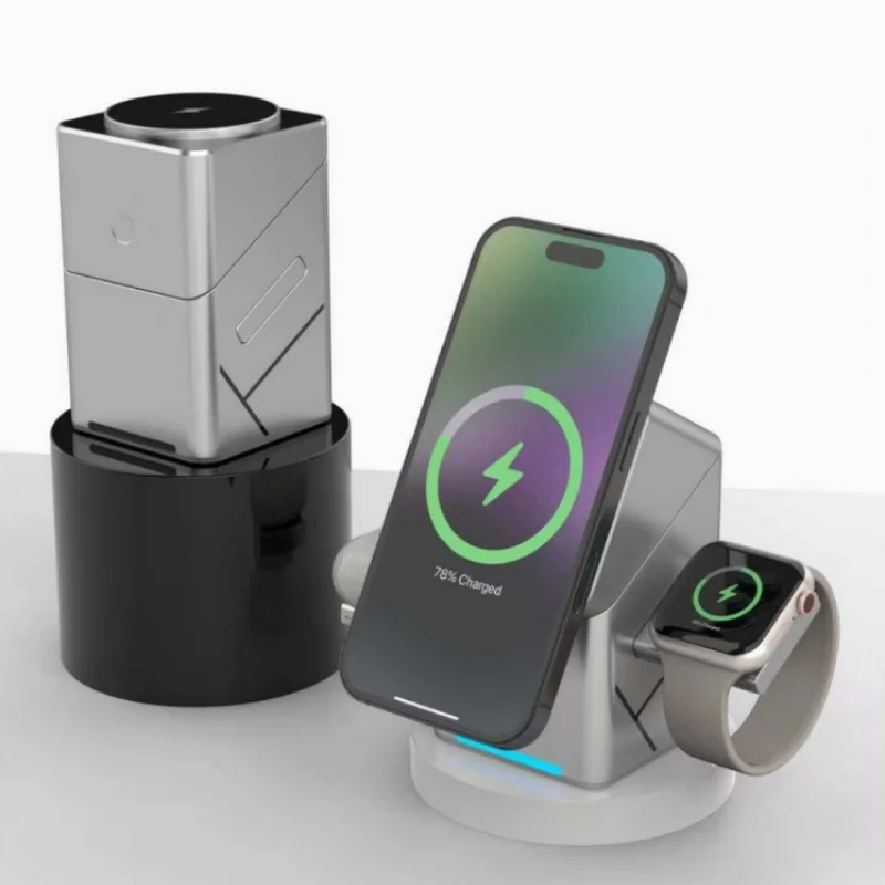 

Беспроводная зарядная станция, быстрая зарядка 15 Вт, дизайн 3-в-1 для Apple Watch, iPhone 17, 16, 15, 14, 13, 12 серий, AirPods Pro