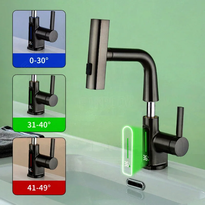 Waterfall Digital DisplayTemperature Basin Faucet Mixer 3 Modes Stream Sprayer Lift Up Down Hot Cold Water Sink Faucet