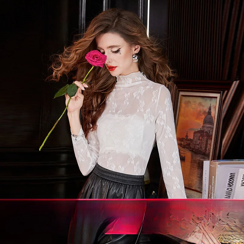 

White Lace Mesh Base Shirt Women's Autumn Half High Collar Slim Fit Versatile T-Shirt Top Sweet Style Regular Sleeve Long