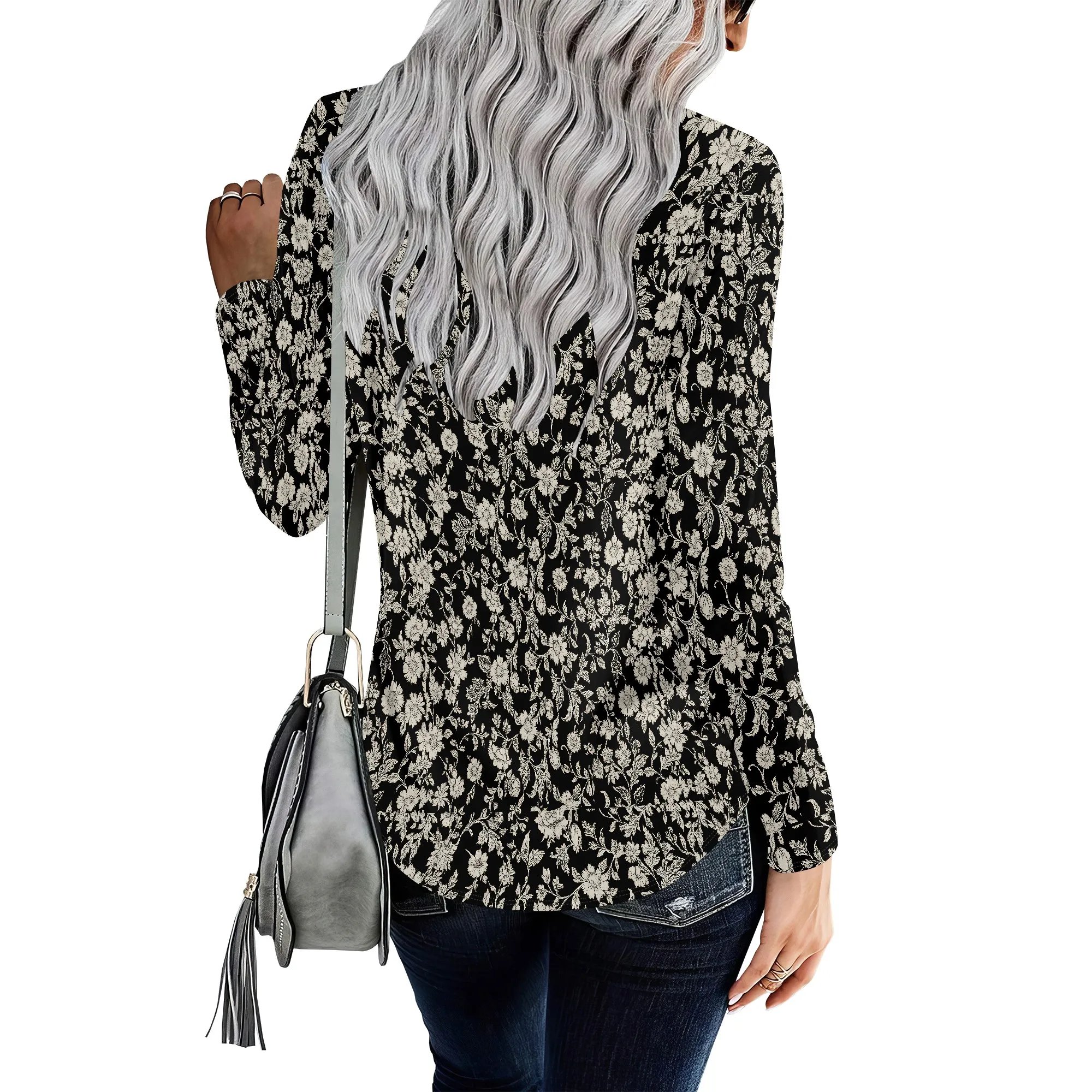 Top a tunica a maniche lunghe a sbuffo da donna Camicette girocollo pieghettate Camicie eleganti casual larghe invernali e primaverili