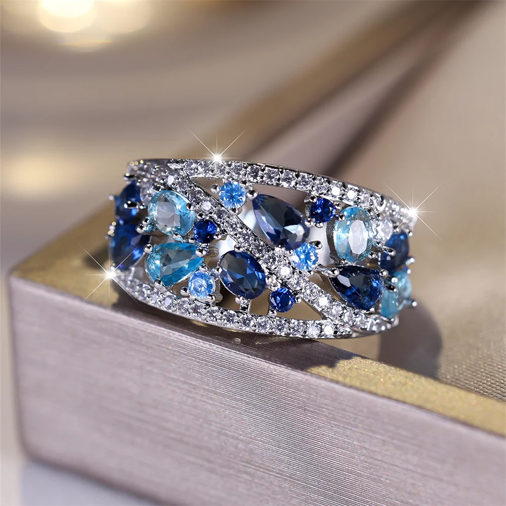 Royal Blue Crystal Water Drop Stone Ring Simulierte Aquamarin Verlobungsringe für Frauen Vintage Silber Farbe Hochzeit Party Band – Detail 6