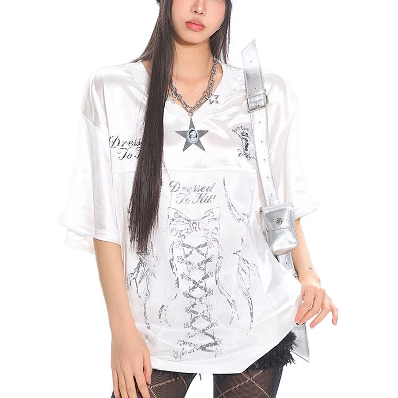 

Women Satin V Neck Black Tee Lightweight Summer Short Sleeve Gothic T Shirt Summer Harajuku Y2K Patchwork Print Korean Top